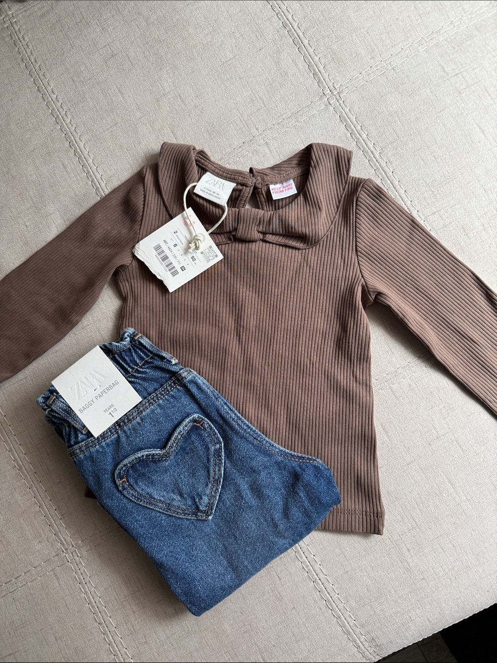 Zara Brown Ribbed Long Sleeve Top with Neck Bow